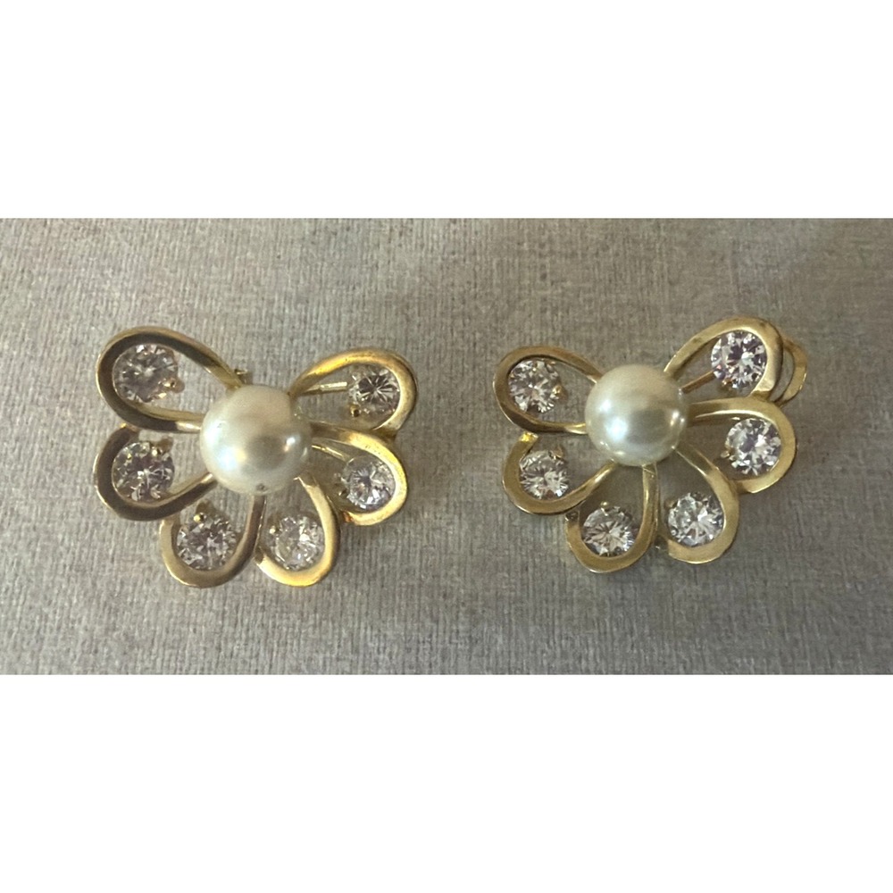 Vintage Faux Pearl & Rhinestone Gold Tone Butterfly Style Pierced Earrings